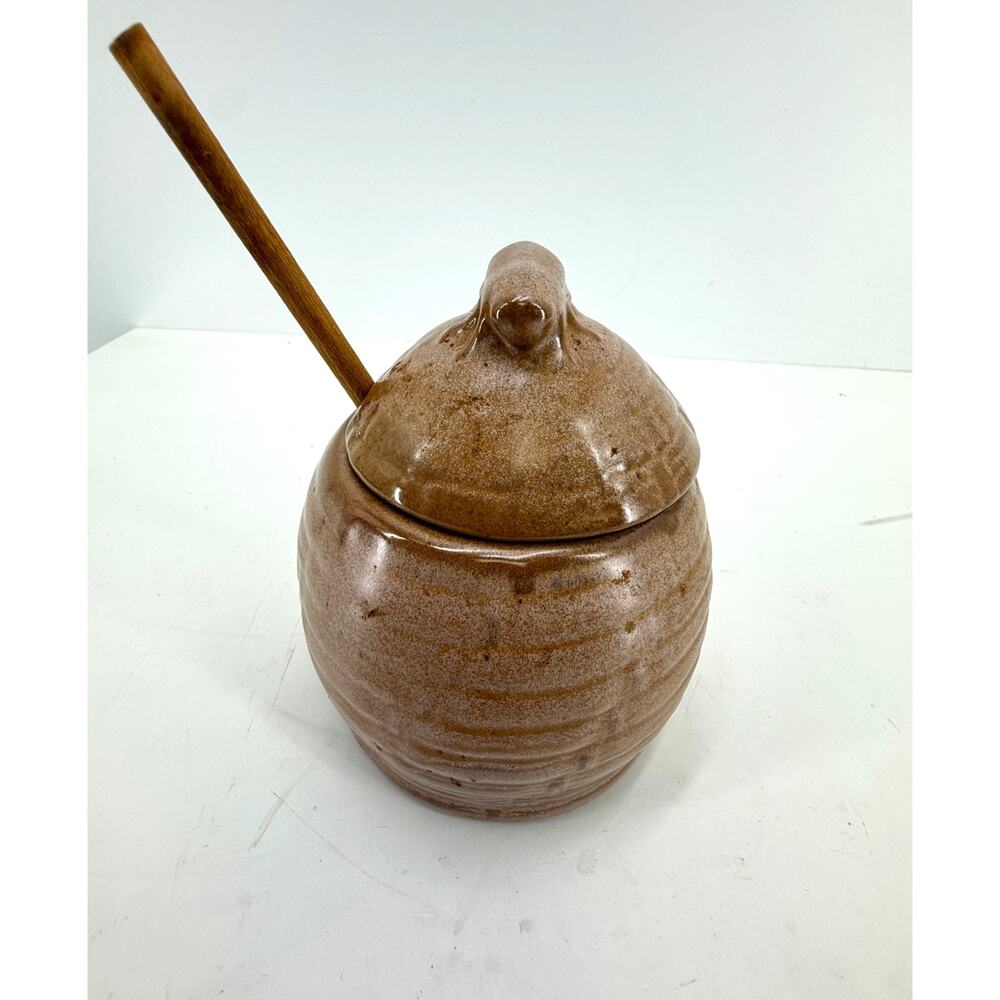 Frankoma Pottery Honey Pot 803 Brown Stoneware Jar Wood Dipper Vintage 5 Inch